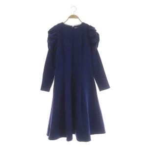 21AW レース切替ポンチワンピース 長袖 クルーネック ひざ丈 フレア 36 ブルー