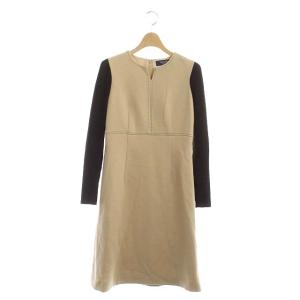 ワンピース ひざ丈 長袖 切替 ニット ステッチ ウール 膝丈 36 ベージュ ブラウン