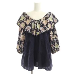 22SS フリル刺繍トップ シャツ ブラウス ビックカラー 七分袖 フレア 36 ネイビー