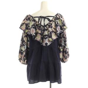 GRACE CONTINENTAL 22SS フリル刺繍トップ シャツ ブラウス ビックカラー 七分袖 フレア 36 ネイビー