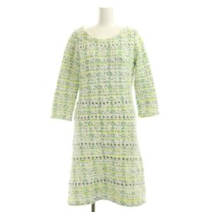 22SS ツイードチェックニットワンピース フレア 36 緑 黄緑 白