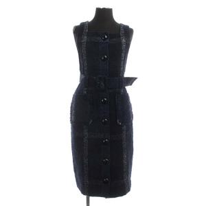 チェックジャンパースカート ワンピース ひざ丈 ベルト付き 36 ブルー ブラック