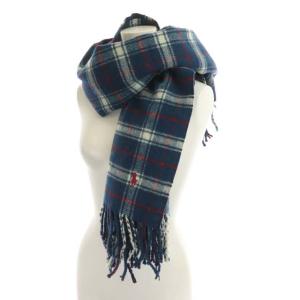 ストール マフラー フリンジ 大判 チェック ウール ネイビー