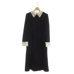 21AW 刺繍カラータイトワンピース ミモレ丈 ロング 長袖 36 ブラック オフホワイト