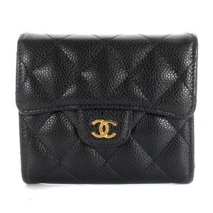 キャビアスキン マトラッセ クラシック スモール フラップ 財布 三つ折り レザー ブラック