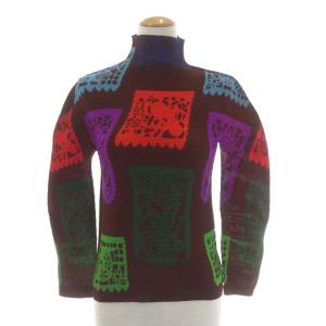 カットソー プリーツ 総柄 ハイネック マルチカラー