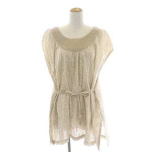 チェック フレンチスリーブ チュニック ブラウス プルオーバー ライトブラウン 白 ホワイト