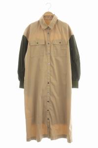 22SS タフタコンビシャツワンピース 長袖 ロング 前開き 36 カーキ ライトブラウン