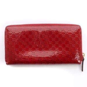 GUCCI 長財布 マイクロGG柄 ラウンドファスナーエナメル パテントレザー レッド 258406