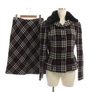セットアップ スーツ ツイードファージャケットスカート 4B 総裏地 38 ブラック ホワイト レッド