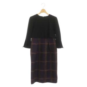 チェックジャガードワンピース ロング 七分袖 レイヤード風 36 ブラック パープル