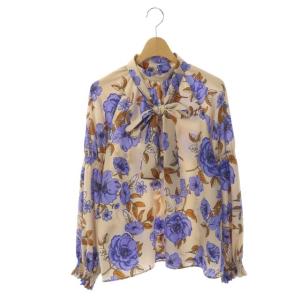 21SS フラワープリントギャザートップス ブラウス プルオーバー リボン付き 36 マルチカラー