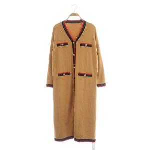 21AW ニット バイカラー ロングカーディガン 長袖 金ボタン 切替 プリーツ 前開き 36 茶 黒 赤 ブラウン ブラック