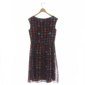 ANAYI フラワー柄ノースリーブワンピース 膝丈 花柄 ギャザー シルク 38 ブラック レッド