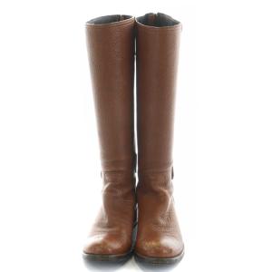 PRADA ロングブーツ レザー ローヒール ロゴ 35.5 22.5cm 茶色 ブラウン