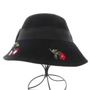 ハット 帽子 リボン 刺繍フェルト 花柄 ウール ブラック