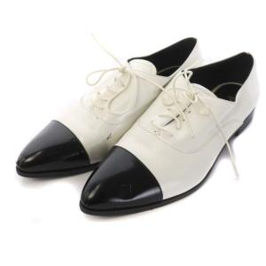 ポインテッドトゥシューズ オックスフォード レースアップ バイカラー レザー 37 ホワイト ブラック