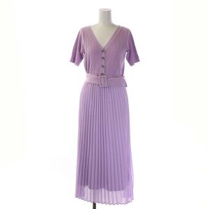ドッキングニットワンピース ロング プリーツ 切替 半袖 ベルト付き 36 ラベンダー