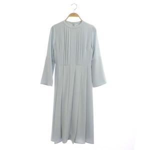 ワンピース 長袖 プリーツ 膝丈 バックサテン クルーネック 34 水色 ライトブルー