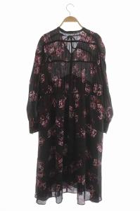 LANVIN en Bleu フラワー総柄ワンピース ロング 長袖 38 ダークブラウン ピンク