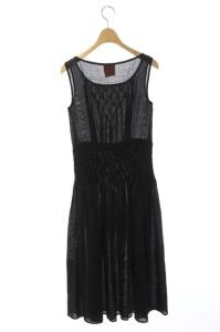 SYBILLA ウールナイロン ウエストプリーツ ノースリーブワンピース フレア ミモレ丈 M 黒 ブラック