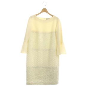 マルチジャージワンピース ひざ丈 七分袖 フレアスリーブ ラメ 36 アイボリー