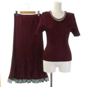 イッセイミヤケ セットアップ 刺繍プリーツカットソー フレアロングスカート 3 ボルドー