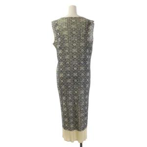 PLEATS PLEASE ISSEY MIYAKE 総柄プリーツワンピース ノースリーブ ロング 5 ライトベージュ ネイビー