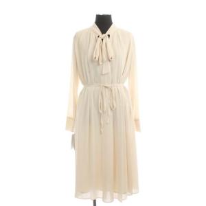 21AW 2WAYプリーツワンピース ひざ丈 長袖 シフォン リボン 36 ライトベージュ
