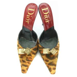 Christian Dior ミュール ハラコ キューブ ロゴ ポインテッドトゥ 36 ブラウン ブラック