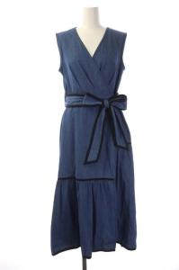 21SS デニムラップワンピース ロング ノースリーブ リボンベルト付き 36 青 黒 ブルー ブラック