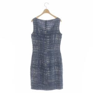 PRADA シルク混 サマーツイード ノースリーブワンピース ミモレ丈 タイト 38 スモークブルー ホワイト