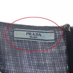 PRADA シルク混 サマーツイード ノースリーブワンピース ミモレ丈 タイト 38 スモークブルー ホワイト