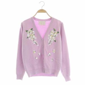フラワー刺繍カーディガン ニット Vネック 長袖 前開き F ラベンダー