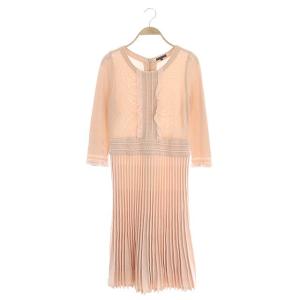 21SS ブライトレーヨンストレッチニットドレス ワンピース 切替 フリル ロング 八分袖 40 ピンク