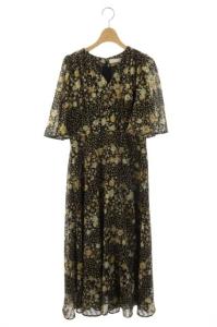 ランダムフラワーワンピース Vネック フレア ロング 五分袖 花柄 36 黒 ブラック ライトブラウン