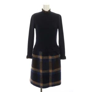 20年製 チェック ニットワンピース ドッキング 膝丈 長袖 38 ベージュ ネイビー ブラウン