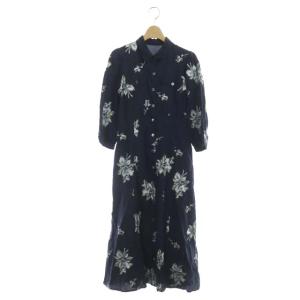 20SS フラワー刺繍シャツワンピース ロング 七分袖 36 紺 ネイビー