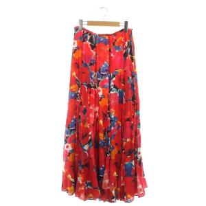 レトロフラワーフレアマキシスカート ロング M レッド