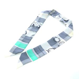 ツイリー スカーフ シルク チェック 金具柄 グレー