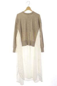 20AW ニットレイヤード フレアコンビDRS ワンピース ロング 長袖 切替 38 ベージュ 白 ホワイト