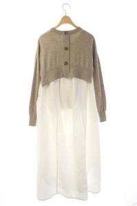 ENFOLD 20AW ニットレイヤード フレアコンビDRS ワンピース ロング 長袖 切替 38 ベージュ 白 ホワイト