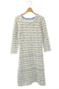 22SS ツイードチェックニットワンピース フラワーモチーフ 36 青 白 黄色