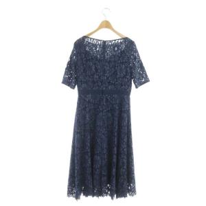 ANAYI コードフラワーレースフレアワンピース 五分袖 ロング 38 ネイビー