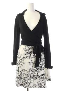 長袖 総柄切替ワンピース カシュクールワンピース ラップ フレア ひざ丈 シルク混 4 黒 白 ブラック ホワイト