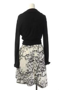 DIANE von FURSTENBERG 長袖 総柄切替ワンピース カシュクールワンピース ラップ フレア ひざ丈 シルク混 4 黒 白 ブラック ホワイト