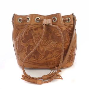 Ximena巾着 ショルダーバッグ 総柄 レザー ブラウン