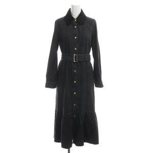 20AW デニム刺繍ワンピース 長袖 ロング フレア ベルト付き 36 ダークグレー