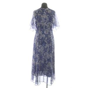 ANAYI 21SS ヨーリューフラワープリントスキッパーワンピース ロング 半袖 シフォン 36 ブルー