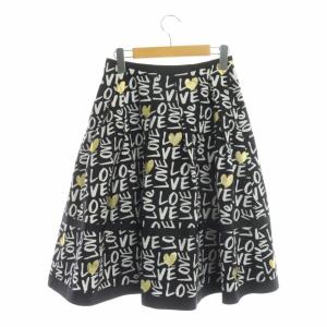 M'S GRACY 21SS LOVE LOVE スカート 膝丈 フレア 総柄 メタリック 36 ブラック ホワイト ゴールド